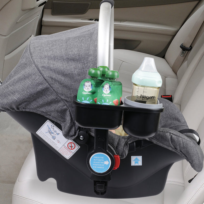 LUFFCABO stroller attachment holder attached to a car seat, perfect for bottles and baby travel essentials