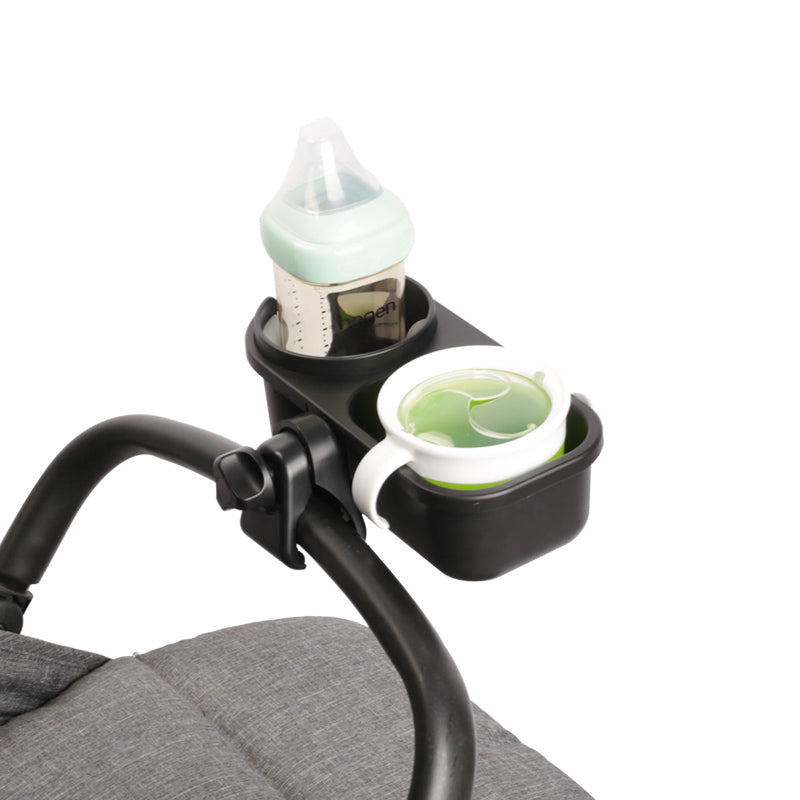 LUFFCABO stroller attachment attached to a stroller, ideal for bottles and drinks on the go