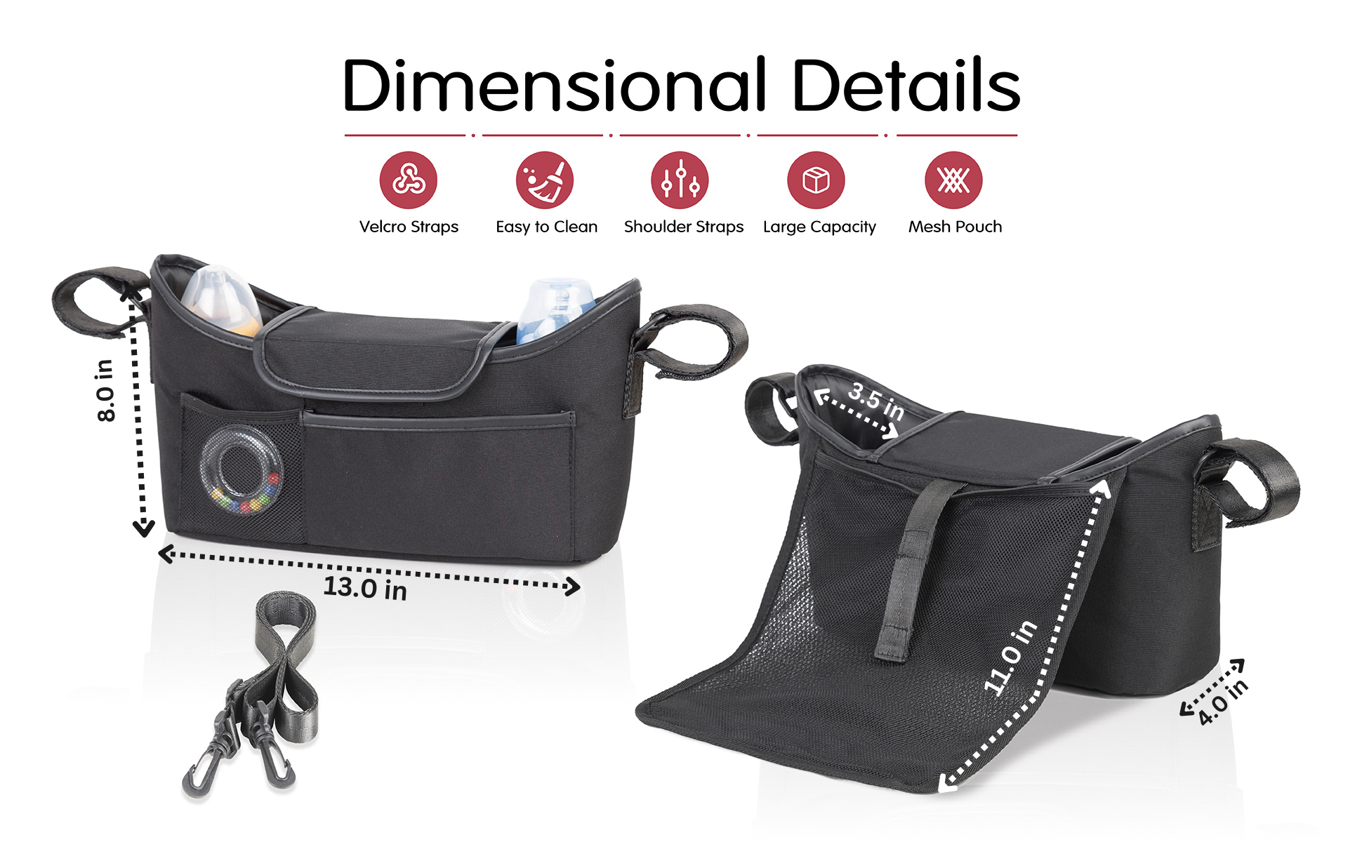 Black organizer bag with detailed dimensions and features