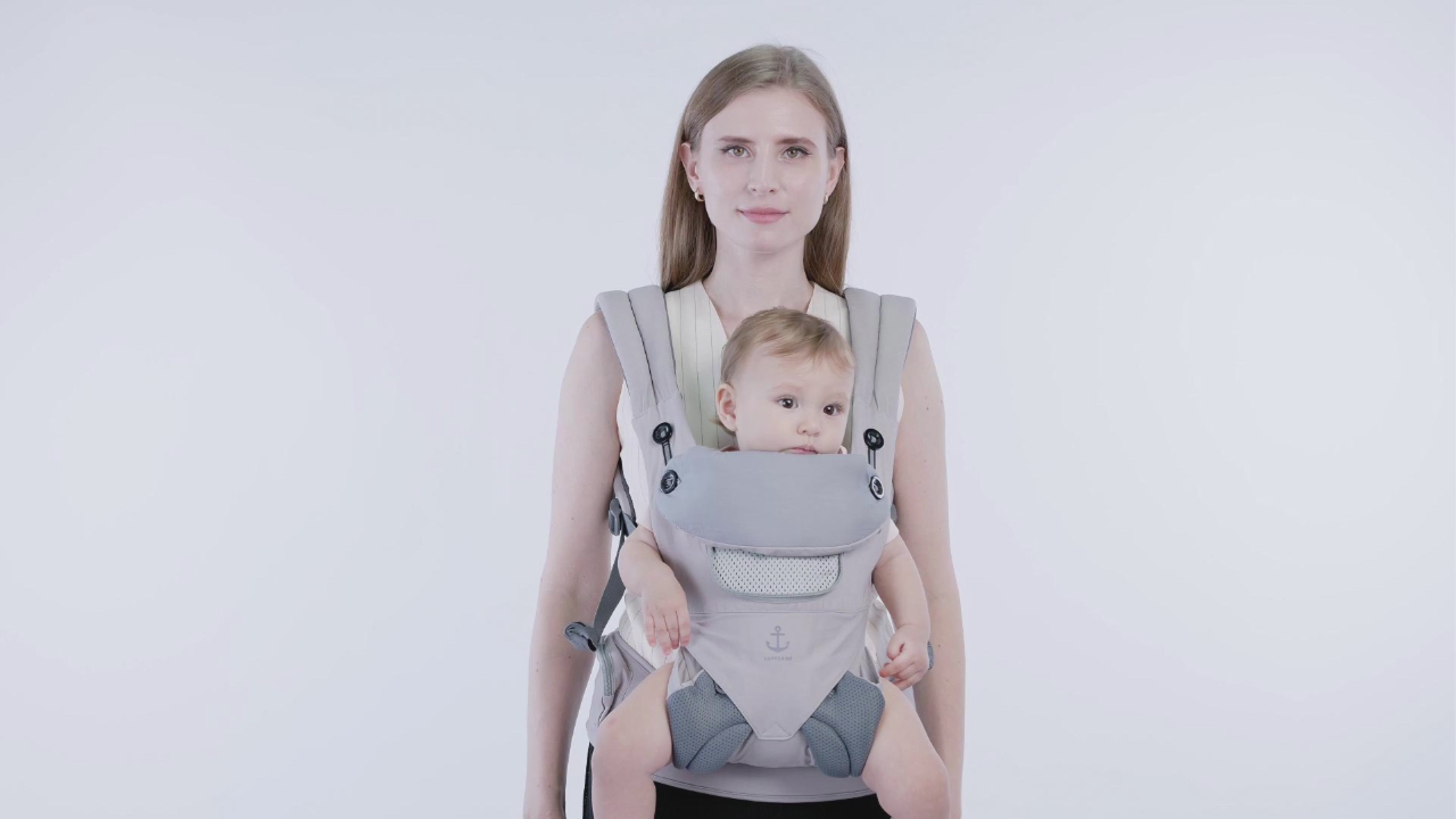 Load video: LUFFCABO baby carrier, made with 100% soft cotton, this ergonomic carrier features a breathable roll-up mesh, perfect for all seasons